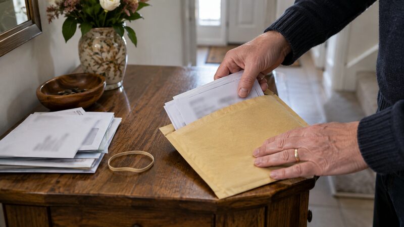 Hands placing opened letters into a plain envelope on a wooden table.