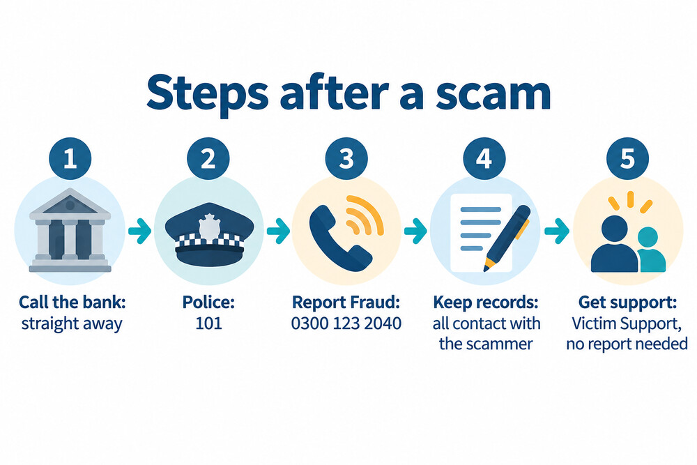 Diagram showing the order of steps after a scam, from calling the bank to getting ongoing support
