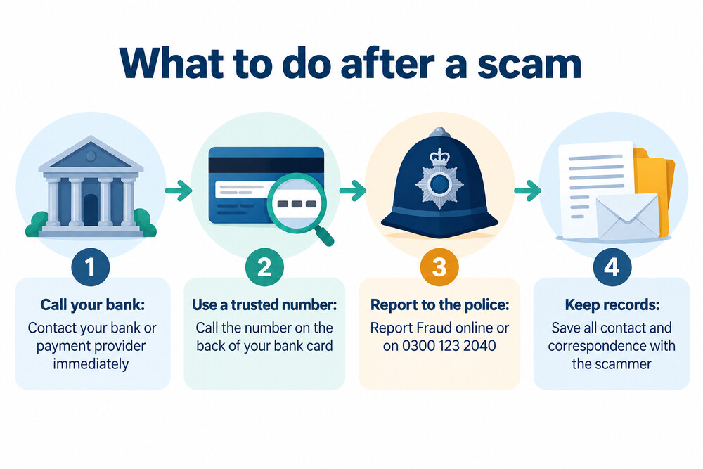 A checklist card of the first steps to take after realising you have been scammed
