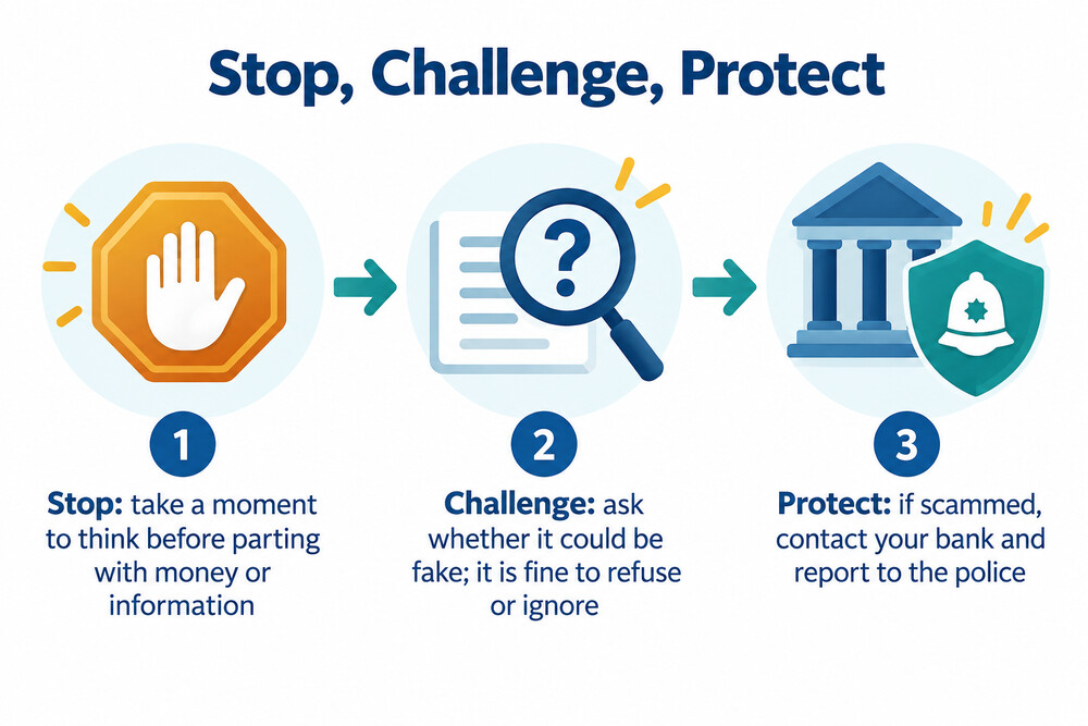 How the Stop, Challenge, Protect steps work in order when a request for money or information arrives
