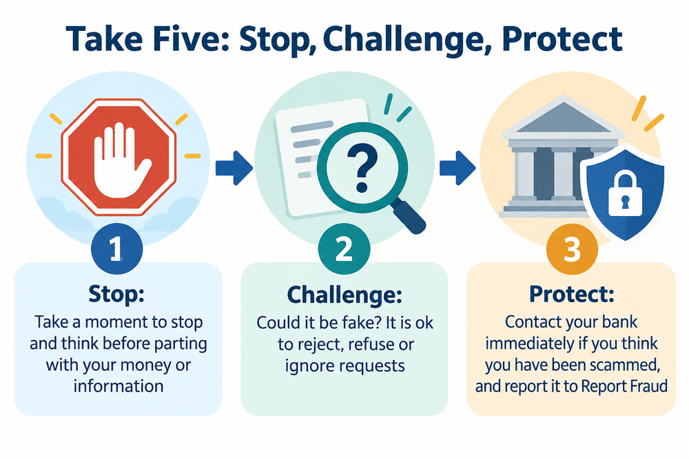 A poster-style graphic showing the three words Stop, Challenge and Protect with a short line of advice under each
