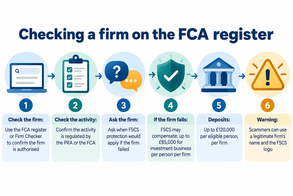 A screenshot-style illustration of the FCA register search results page, showing a firm's status as Authorised and its permissions listed