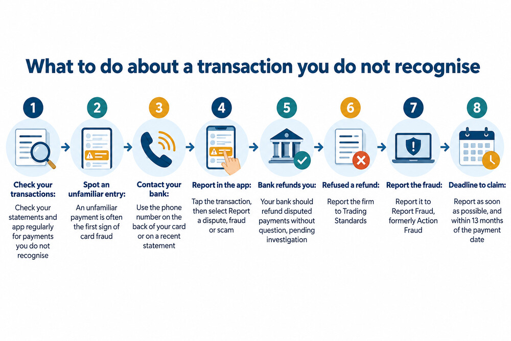 A phone screen showing a banking app transaction list with one unfamiliar payment highlighted