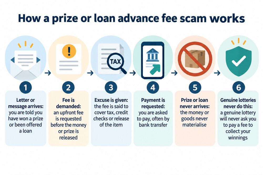 A scam letter congratulating the reader on a prize win, with the fee request highlighted