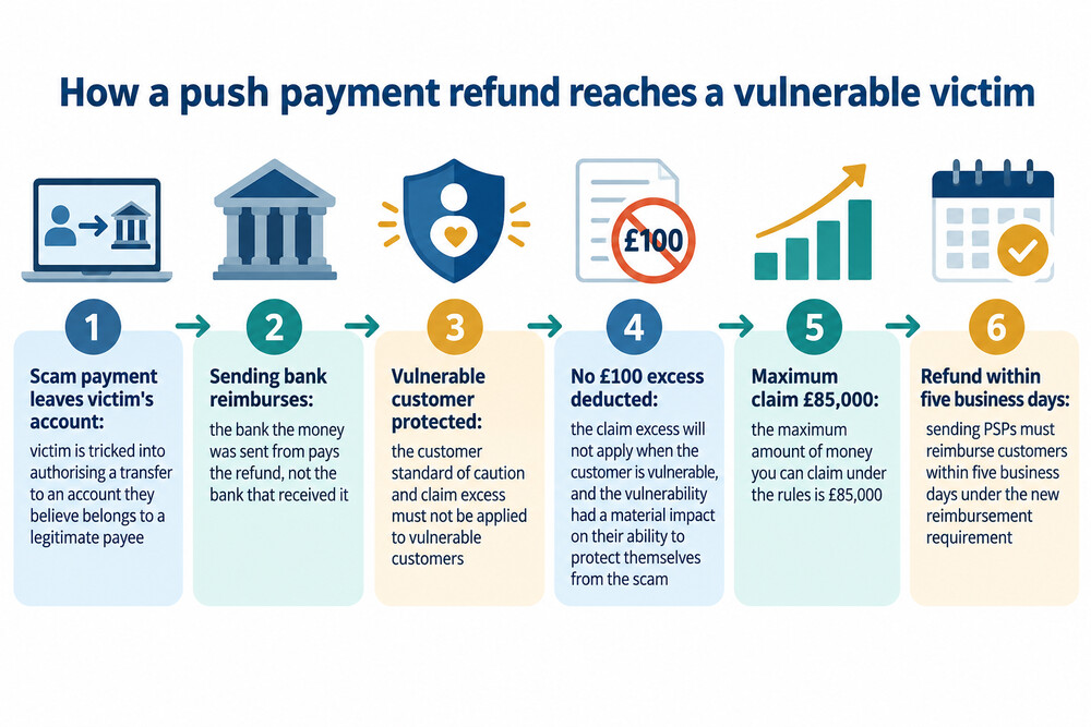 A simple flow showing a scam payment leaving a victim's account and the refund coming back from the sending bank