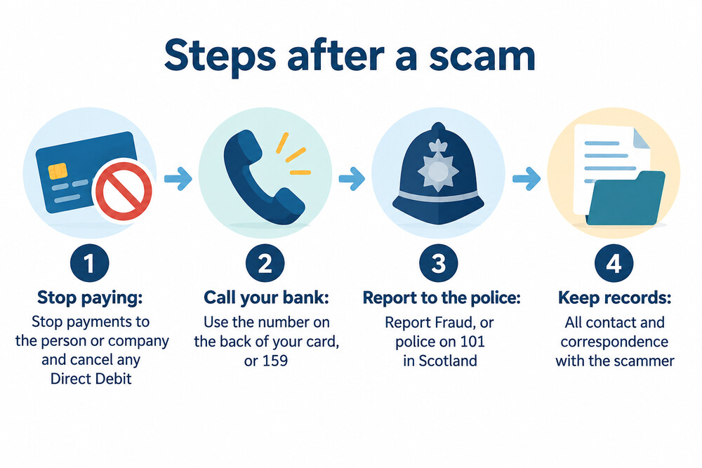 The order of steps to take after a scam, from stopping payments to keeping records