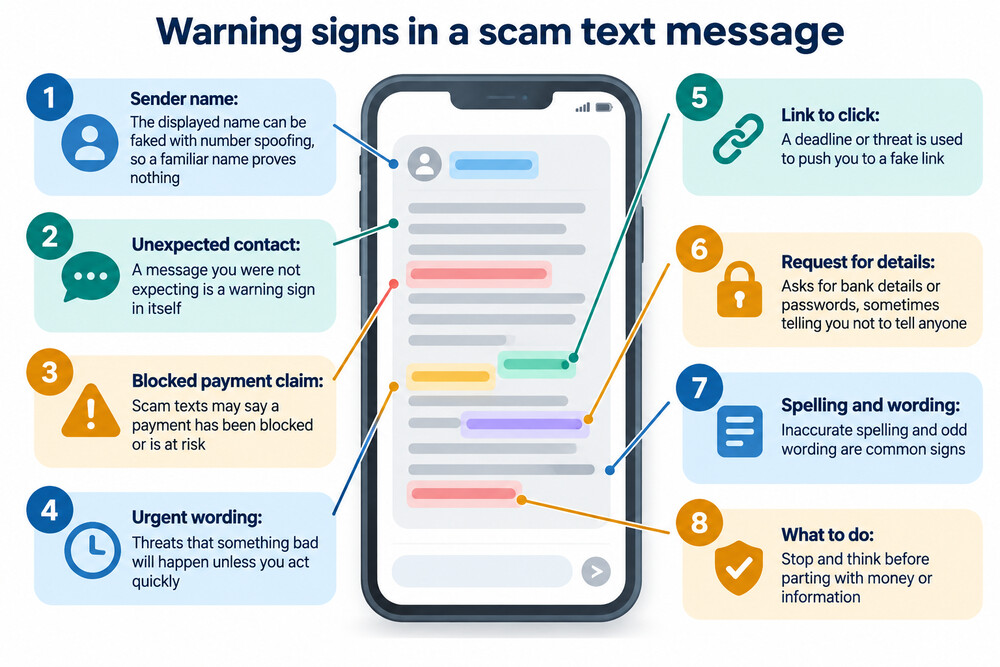A scam text message on a phone screen, showing an urgent request to click a link and verify bank details