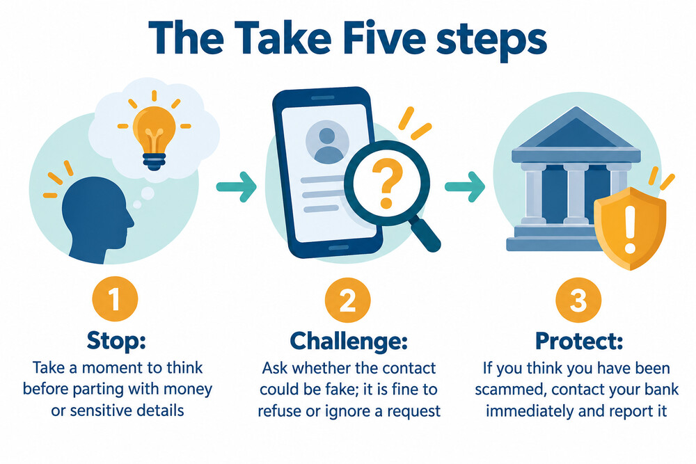How the Take Five steps work, from pausing before acting to contacting your bank