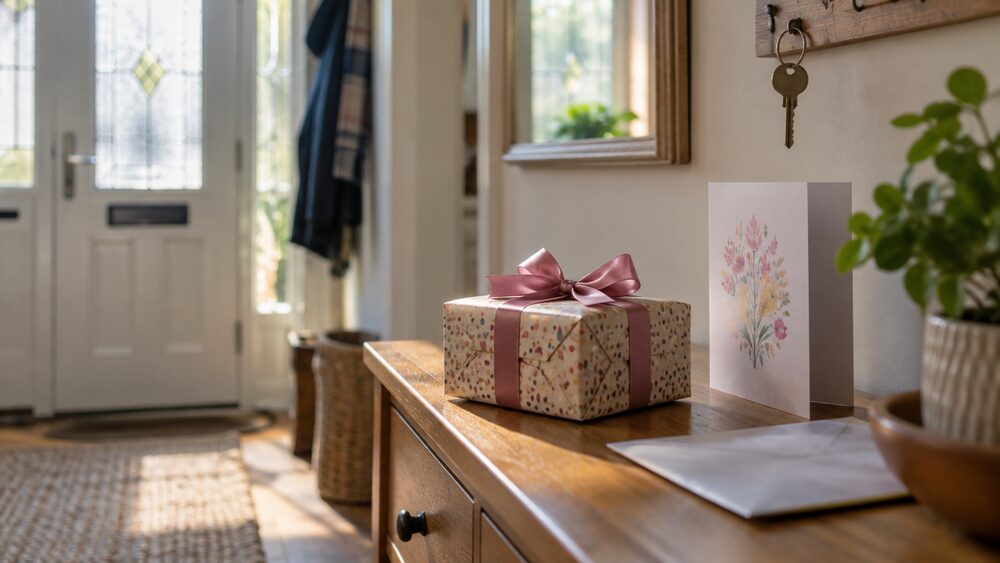 A small wrapped gift box and a card sit on a hallway table in morning light.