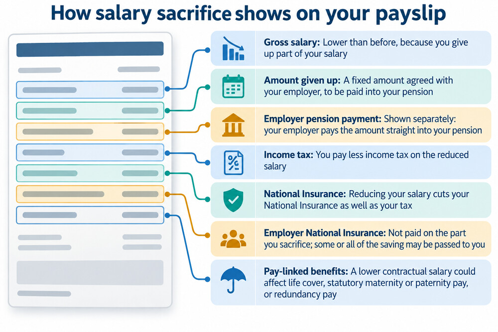 A payslip showing a reduced gross salary and a matching employer pension payment