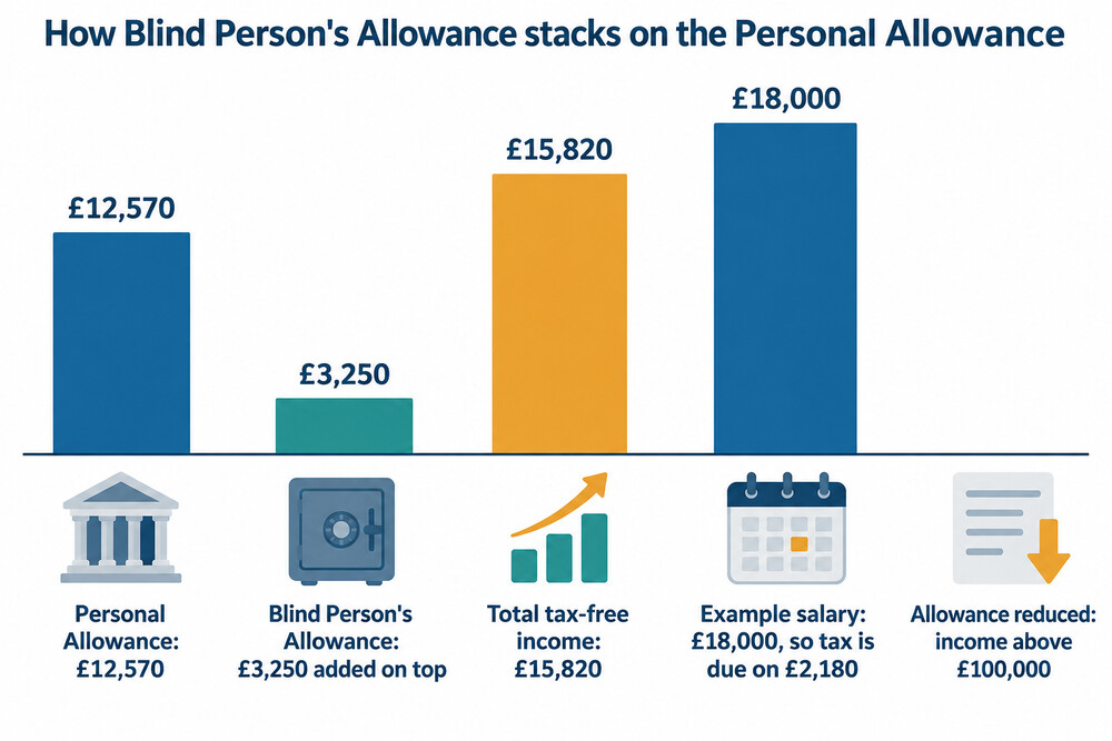 A simple bar showing the Personal Allowance of £12,570 with the Blind Person's Allowance of £3,250 stacked on top