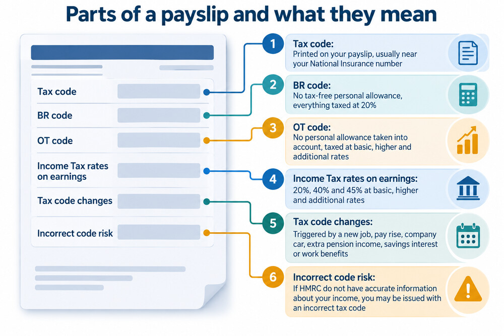 A payslip with the tax code highlighted near the National Insurance number
