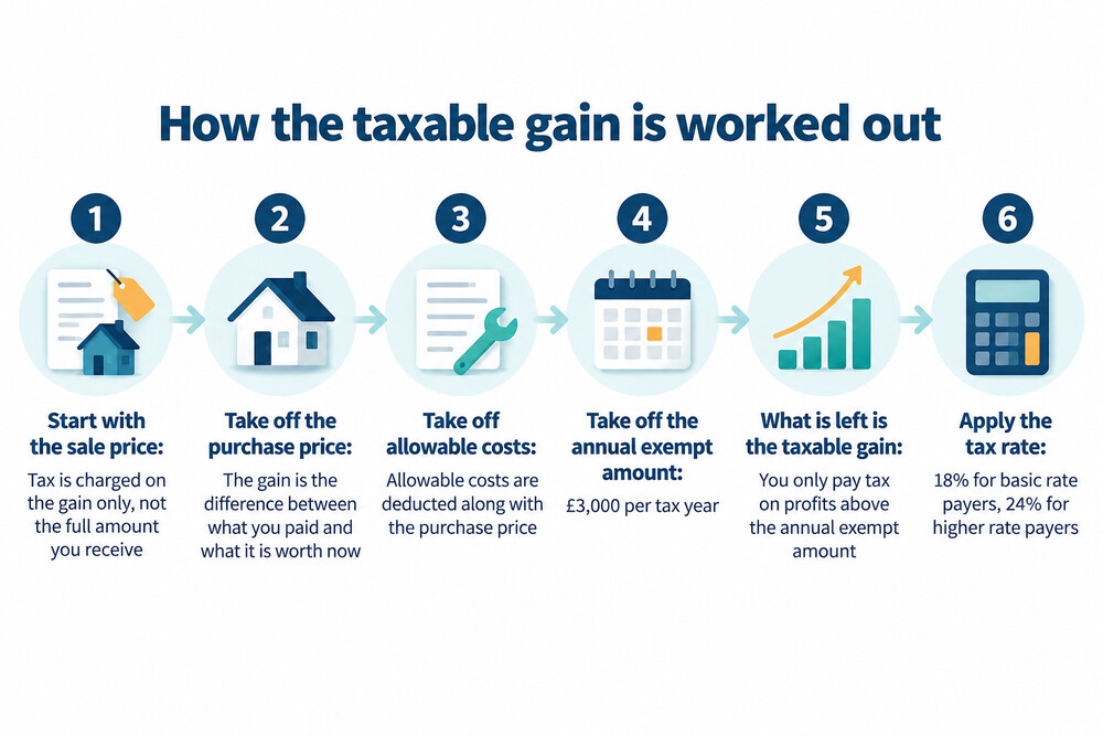A simple illustration showing a sale price split into the original cost and the profit, with only the profit highlighted as taxable