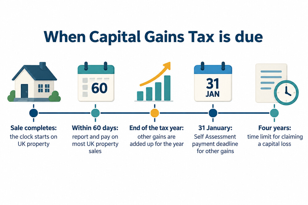 A timeline showing the sale completing, the 60-day property deadline, and the 31 January Self Assessment deadline for other gains