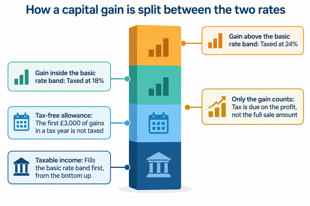 A diagram showing how taxable income is stacked first, and the gain then taxed at the rate of the band the income lands in