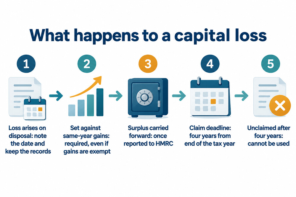 A flow diagram showing a loss being set against same-year gains, then carried forward, then expiring if unclaimed after four years