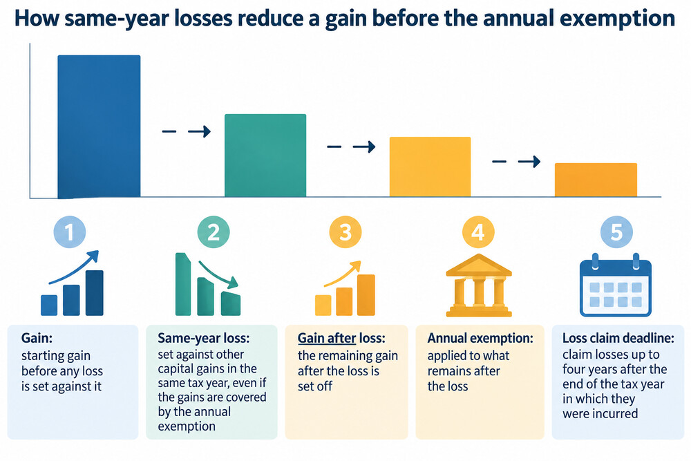 A simple bar chart showing a gain reduced by a same-year loss, with the annual exemption applied to what remains