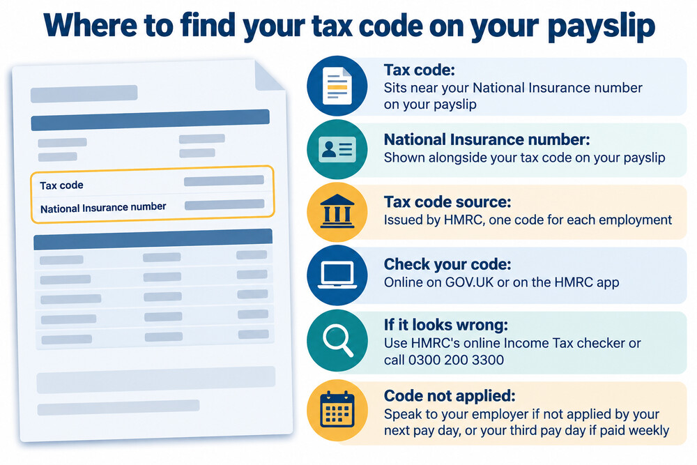 A payslip with the tax code highlighted next to the National Insurance number
