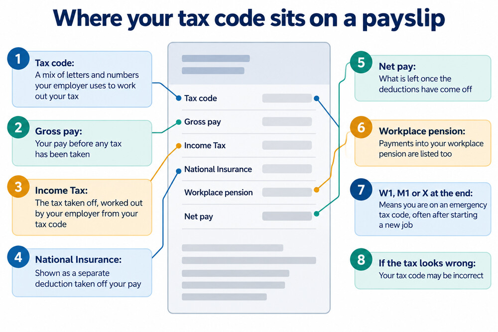 A payslip with the tax code highlighted near the top, showing where to find it