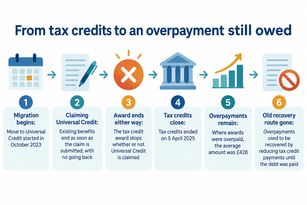 A letter from HMRC headed Your Tax Credits over-payments, showing where the overpayment amount and repayment options are set out