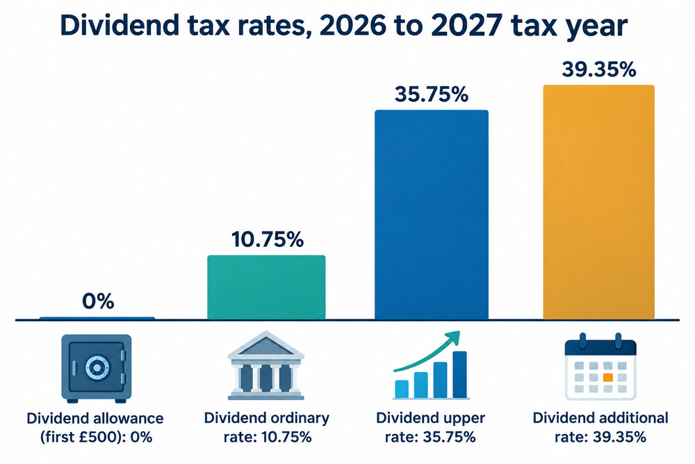 A chart of the three dividend tax rates for 2026 to 2027 set against the income tax bands they match