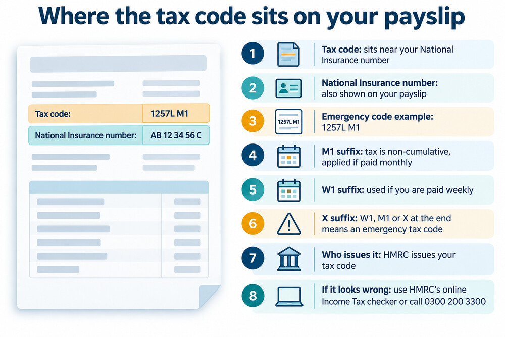 A payslip with the tax code circled next to the National Insurance number