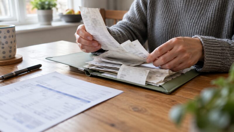 Hands sorting receipts and a payslip on a kitchen table.