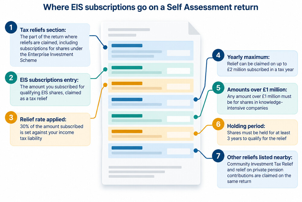 The additional information pages of a Self Assessment tax return, with the Enterprise Investment Scheme relief section highlighted