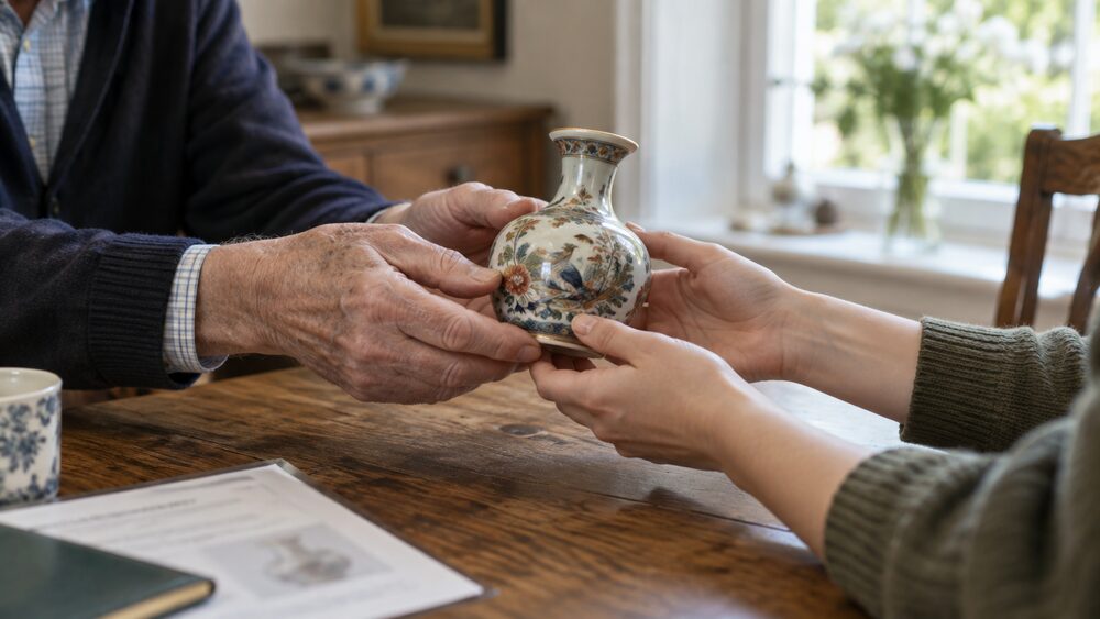 Hands passing a small antique vase across a wooden table.