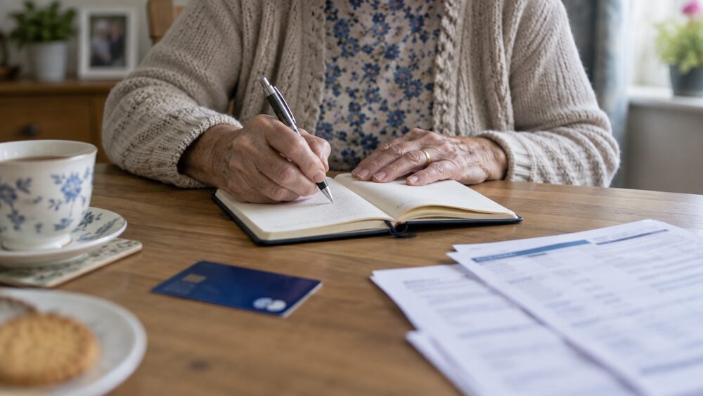 Hands writing in a notebook beside a debit card and statements.