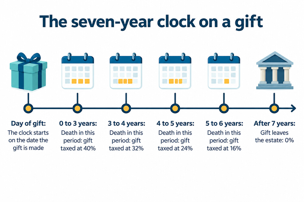A calendar page with seven years marked off, showing a gift becoming tax-free at the end of the seventh year