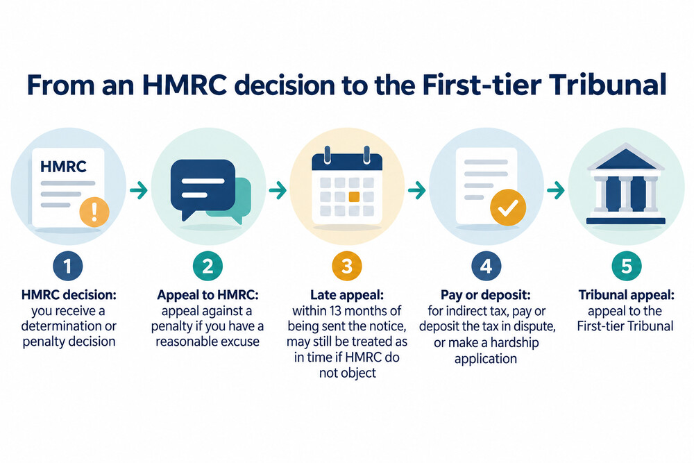 A flow diagram showing the steps from receiving an HMRC decision to appealing to the First-tier Tribunal