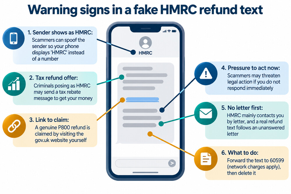 An example of a fake HMRC refund text message on a phone screen