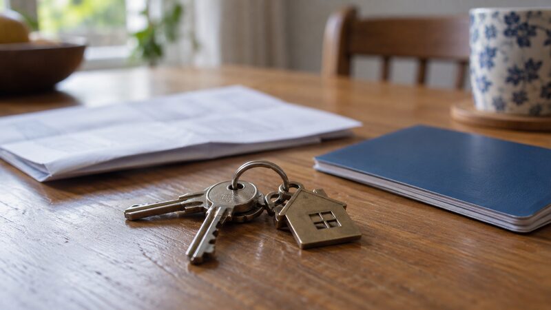 House keys, a letter and a savings book arranged on a wooden table.