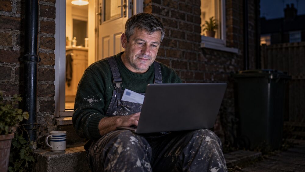 A tradesman sits on a back doorstep at night with a laptop on his knees.
