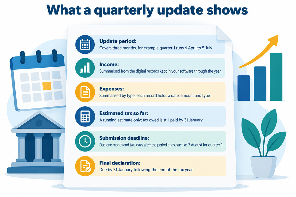An example of the quarterly update screen in Making Tax Digital software, showing income and expense totals for a three-month period