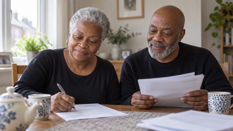 An older couple fill in a paper form together at a dining table with a teapot.