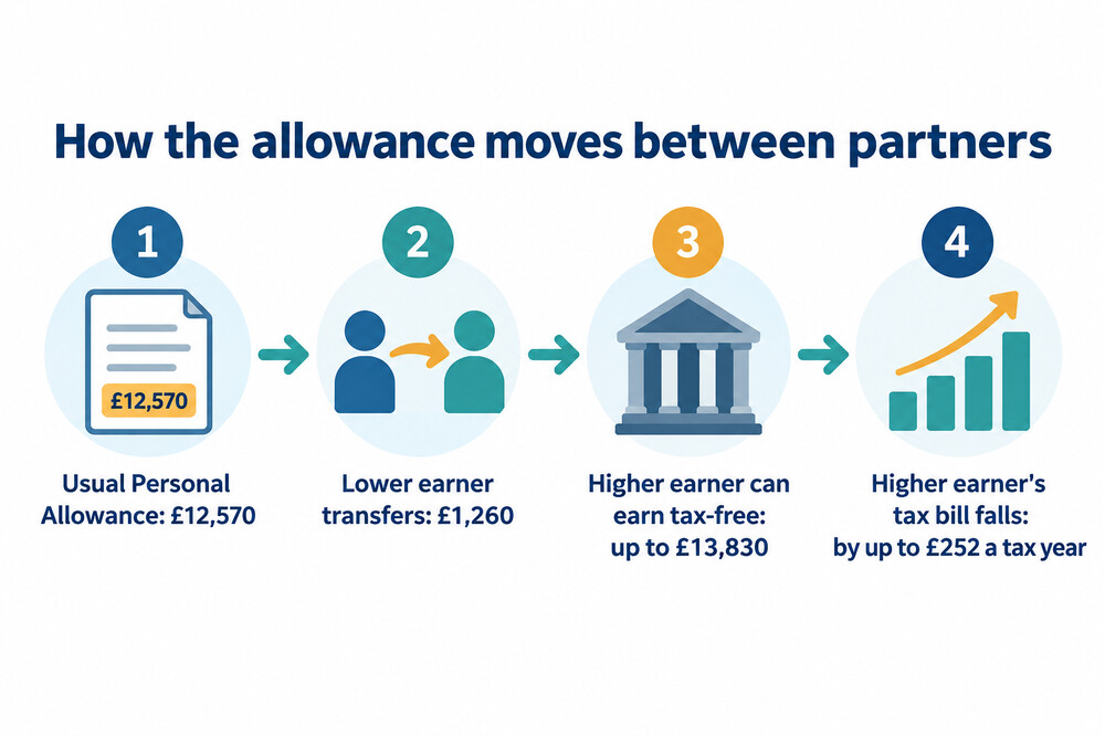 A diagram showing £1,260 of tax-free allowance moving from a lower-earning partner to a higher-earning partner