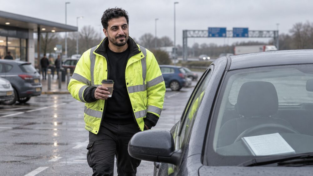 A driver in a hi-vis jacket walks across a wet car park towards a hatchback with a logbook on the dashboard.