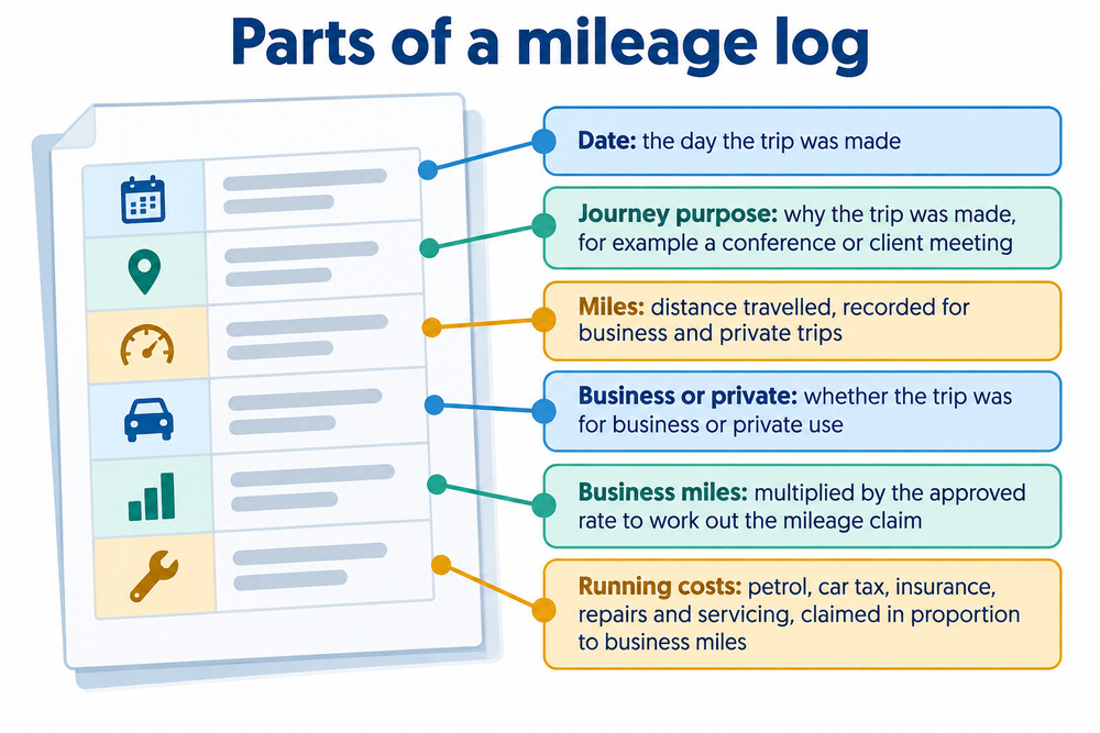 A page from a mileage log showing date, journey purpose, miles and whether the trip was business or private