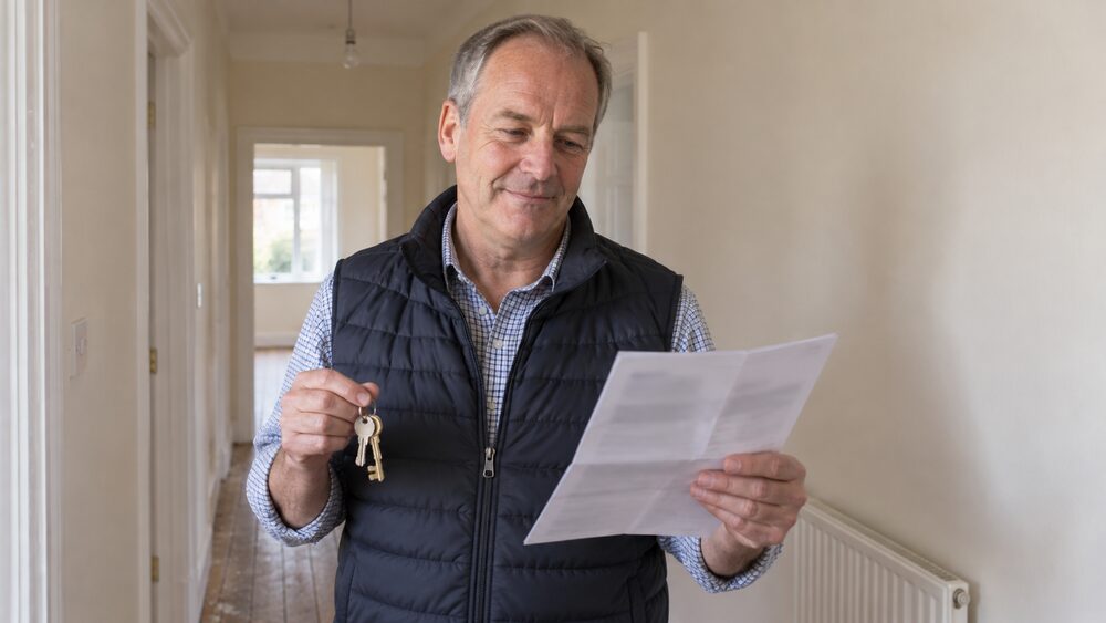 A man stands in an empty rental hallway holding house keys and a folded mortgage statement.