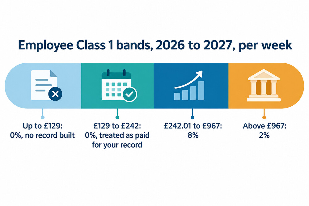How weekly earnings are split into National Insurance bands for an employee in 2026 to 2027