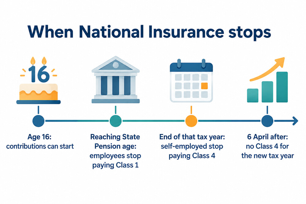 Timeline showing when an employee and a self-employed person stop paying National Insurance
