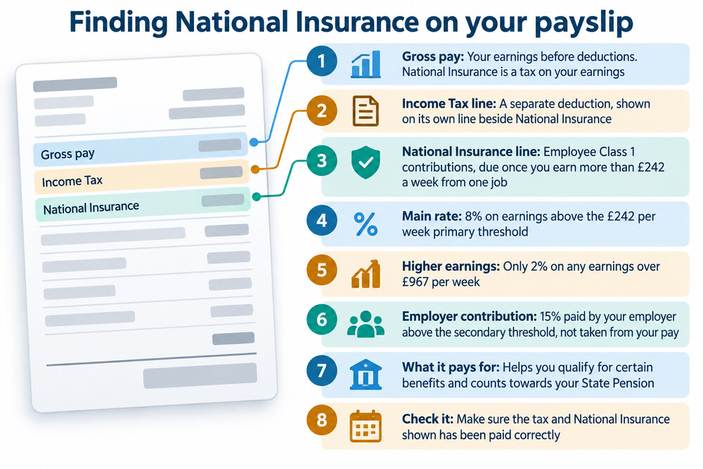 A close-up of a payslip showing the National Insurance deduction line among the other deductions