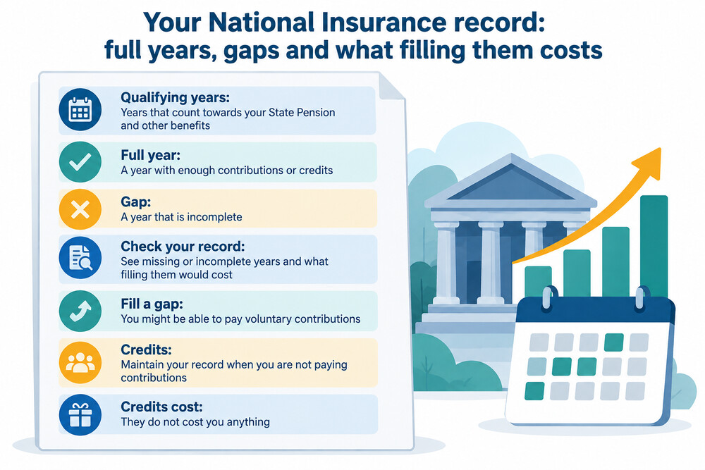 A page from a National Insurance record showing qualifying years and gaps