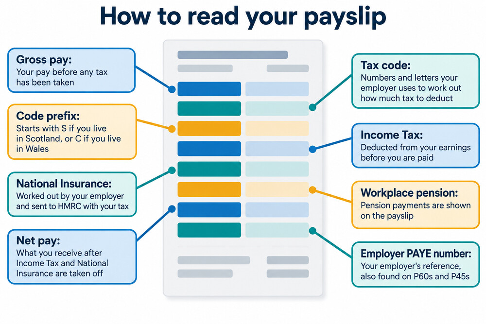 A labelled example payslip showing gross pay, deductions, tax code and net pay