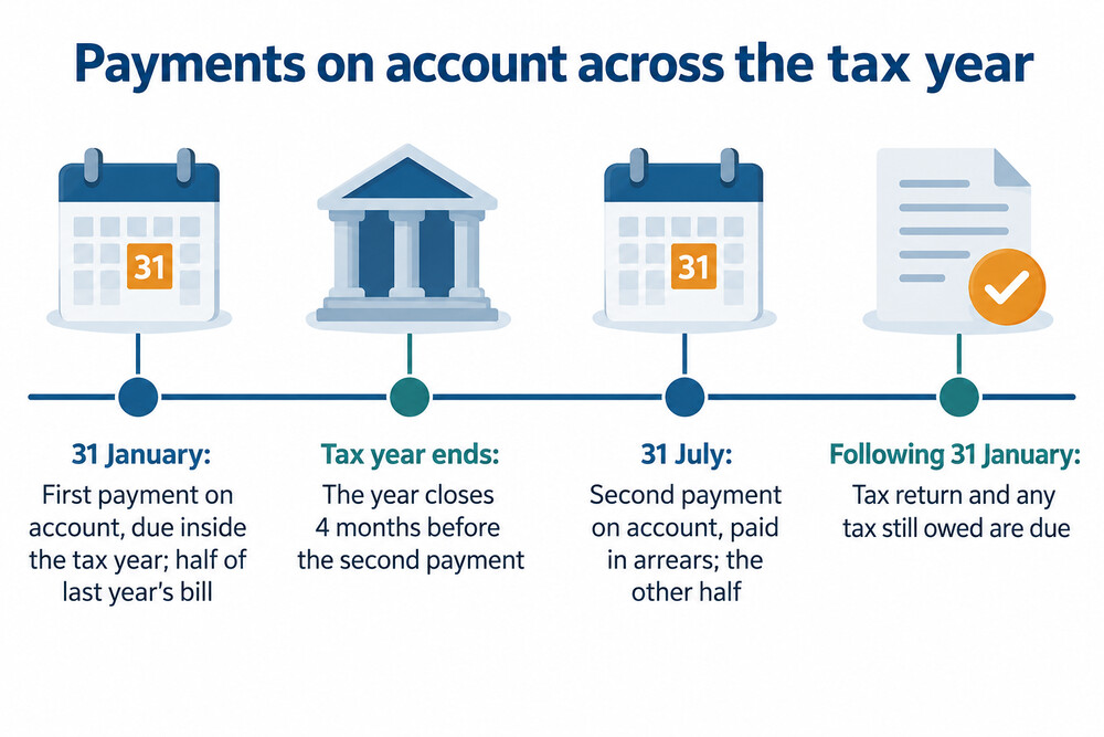 A calendar page showing the two payment dates, 31 January and 31 July, marked for Self Assessment