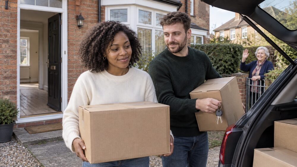 A couple load boxes into a car outside their house while a neighbour waves from the next gate.
