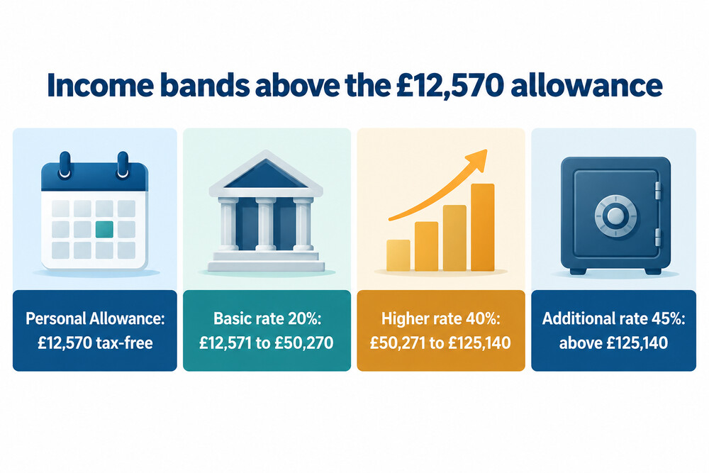 A simple bar showing the £12,570 allowance and the income bands above it