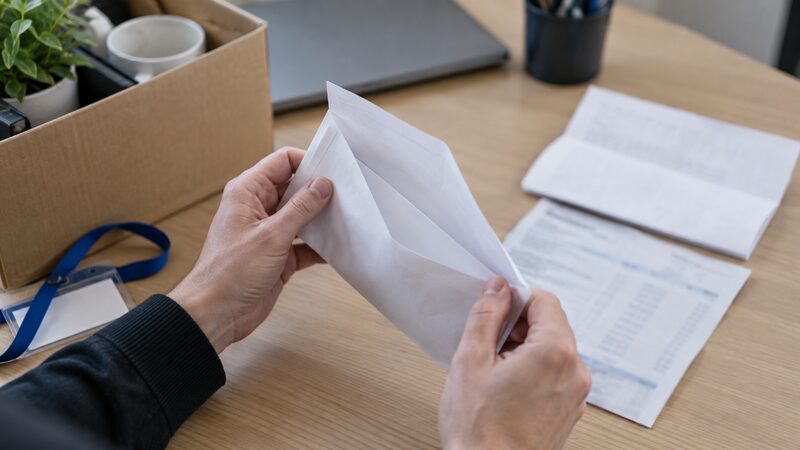 Hands open a plain envelope beside a blurred payslip and folded document on a desk.
